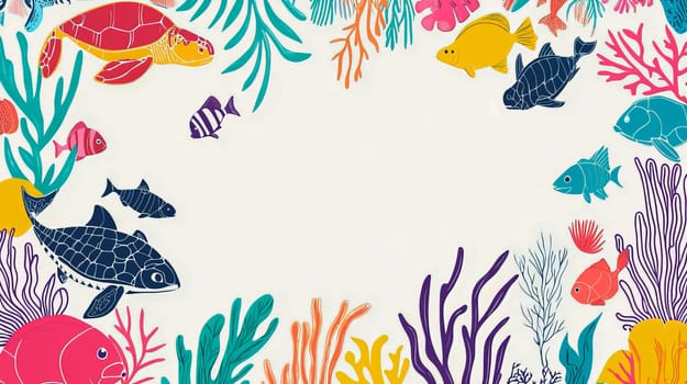 Bright color picture of underwater world with turtle and fish for kids. Ai art