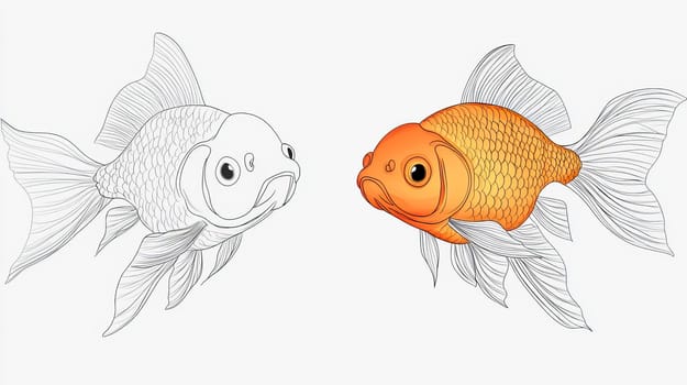 Outline of a goldfish and a painted fish for coloring book. Ai art