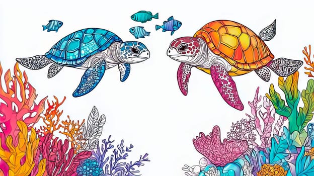 Bright color picture of underwater world with two turtles for kids. Ai art