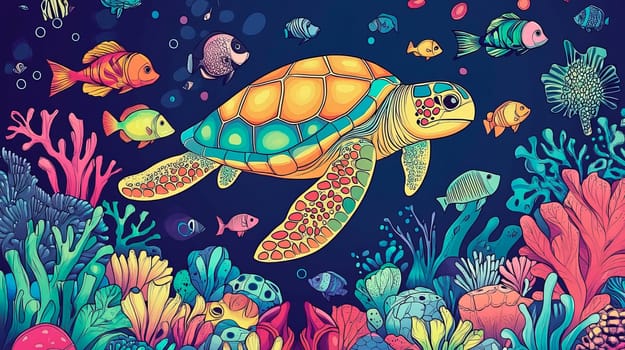 Bright color picture of underwater world with turtle and fish for kids. Ai art