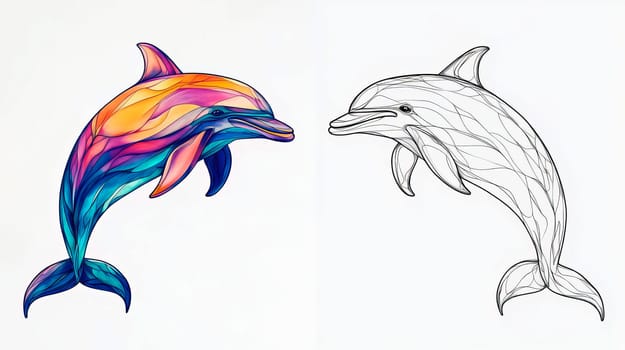 Outline of a dolphin and a painted dolphin for coloring book. Ai art