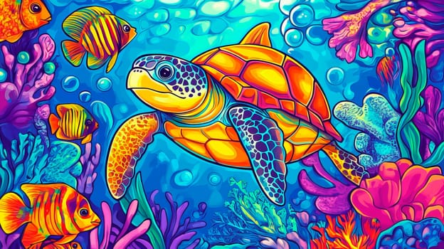 Bright color picture of underwater world with turtle and fish for kids. Ai art