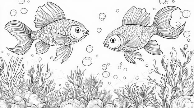 Picture coloring sea fish. Black and white fish picture for coloring. Ai art
