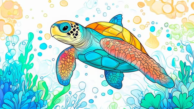 Bright color picture of underwater world with turtle and fish for kids. Ai art