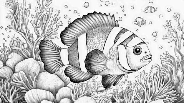 Picture coloring sea fish. Black and white fish picture for coloring. Ai art