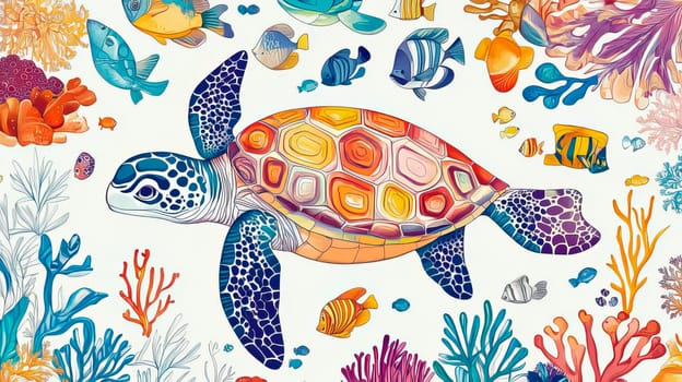 Bright color picture of underwater world with turtle and fish for kids. Ai art