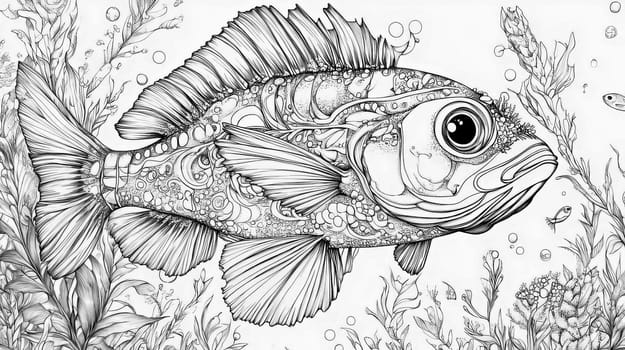 Picture coloring sea fish. Black and white fish picture for coloring. Ai art