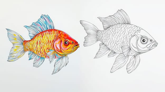 Outline of a goldfish and a painted fish for coloring book. Ai art