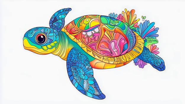 Bright color picture of underwater world with turtle and fish for kids. Ai art