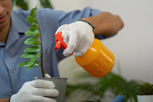 A gardener carefully waters a newly potted plant using a spray bottle filled with water, representing a commitment to sustainable gardening and nurturing the environment.