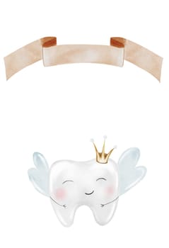 Baby tooth watercolor card. Cute cartoon molar with crown and a sign for the inscription on isolated white background. Dental clip art. Ideal for cards and invitations to the party baby's first tooth, posters in the doctor's office. High quality illustration