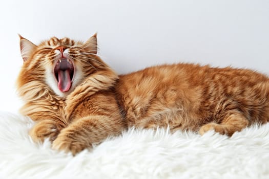 Fluffy ginger cat yawns while lying on a soft white carpet