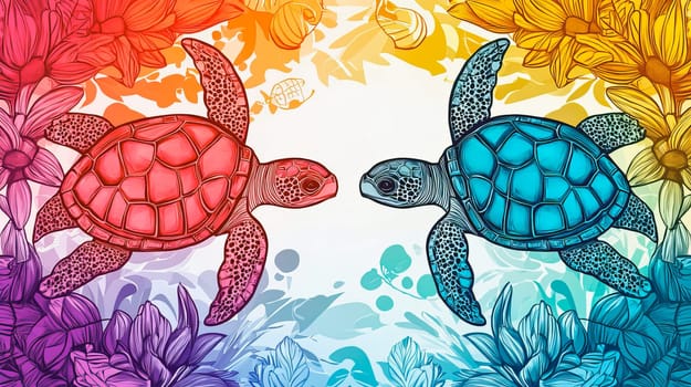 Bright color picture of underwater world with two turtles for kids. Ai art