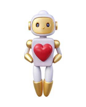 A 3D futuristic robot with a heart symbol on its chest, isolated on white background. Ideal for love, technology, and character-themed projects.