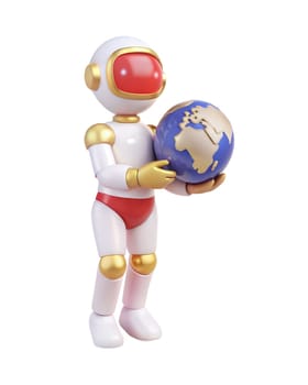 A 3D futuristic robot holding a globe, isolated on white background. Ideal for global, space, and technology-related themes.