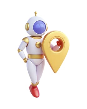 A 3D futuristic robot holding a yellow location pin, isolated on white background. Perfect for navigation, technology, and space-themed concepts.