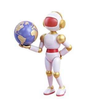 A 3D futuristic robot holding a globe, isolated on white background. Ideal for global, space, and technology-related themes.