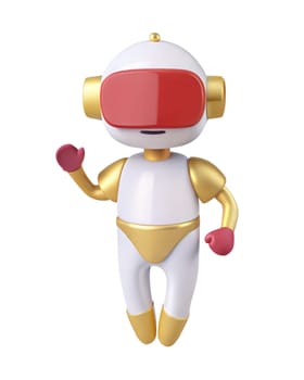 A 3D futuristic robot with red VR goggles and golden details, waving, isolated on white background. Perfect for technology, space, and character-themed projects.
