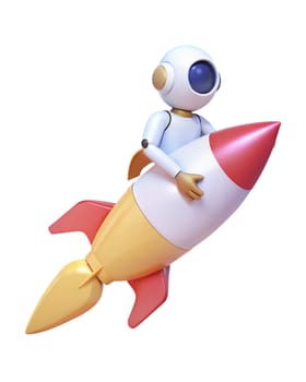 A 3D futuristic robot riding a colorful rocket, isolated on white background. Perfect for space exploration, technology, and adventure-themed projects.