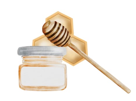 Honey jar with wooden stick watercolor. Hand drawn canned sweet bee product. Food clip art. Ideal for farm products and natural cosmetics packaging. High quality illustration