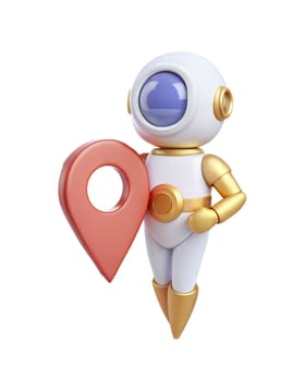 A 3D futuristic robot holding a red location pin, isolated on white background. Perfect for navigation, technology, and space-themed concepts.