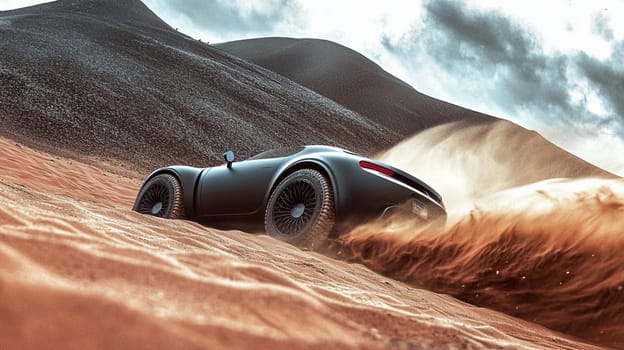 Sleek black sports car speeds through a vast desert landscape, kicking up dust clouds under the sunny sky