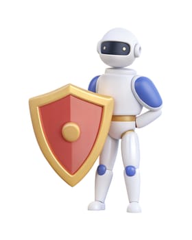 A 3D futuristic robot holding a golden-bordered red shield, isolated on a white background. Perfect for concepts related to protection, security, or defense.