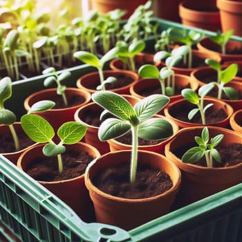 Young seedlings in terracotta pots, carefully arranged in a box. Fresh greenery under warm light - ideal for garden lovers and nature enthusiasts.