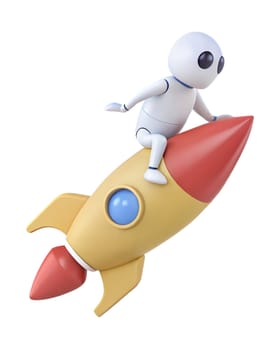 A 3D futuristic robot riding a colorful rocket, isolated on white background. Perfect for space exploration, technology, and adventure-themed projects.