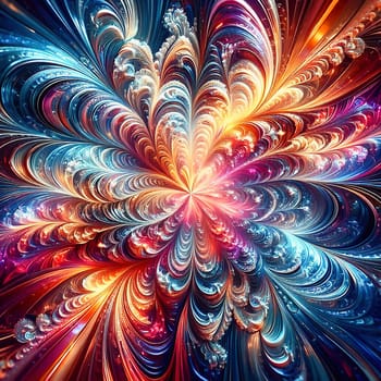 Abstract, colorful fractal art with flowing, wave-like patterns. Bright glass textures in blue, green and orange for modern designs and backgrounds.