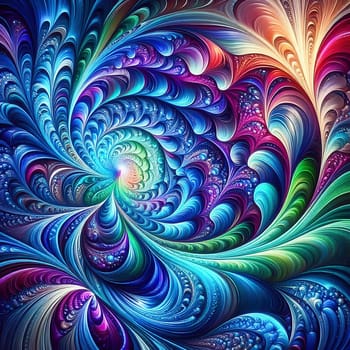 Abstract, colorful fractal art with flowing, wave-like patterns. Bright glass textures in blue, green and orange for modern designs and backgrounds.