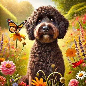 Goldendoodle on a sunny flower meadow, surrounded by colorful blossoms. A butterfly hovers close to his nose. A cheerful, lively natural idyll.