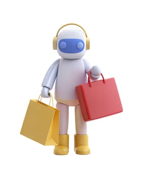 A 3D futuristic robot holding shopping bags, isolated on white background. Ideal for e-commerce, shopping, and technology-related themes.