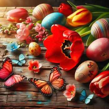 Colorful tulips, decorated Easter eggs and butterflies on a rustic wooden table. Spring-like Easter decorations with vibrant colors and a festive atmosphere.