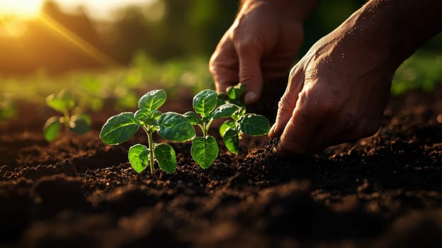 Closeup image of people preparing to grow a small plant tree with soil..