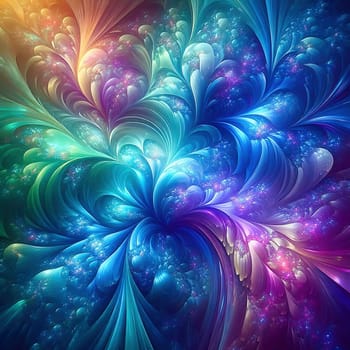 Abstract, colorful fractal art with flowing, wave-like patterns. Bright glass textures in blue, green and orange for modern designs and backgrounds.