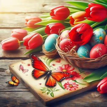 Colorful tulips, decorated Easter eggs and butterflies on a rustic wooden table. Spring-like Easter decorations with vibrant colors and a festive atmosphere.