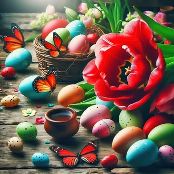 Colorful tulips, decorated Easter eggs and butterflies on a rustic wooden table. Spring-like Easter decorations with vibrant colors and a festive atmosphere.