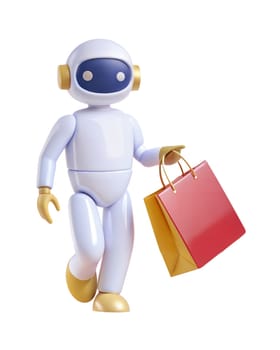 A 3D futuristic robot holding shopping bag, isolated on white background. Ideal for e-commerce, shopping, and technology-related themes.