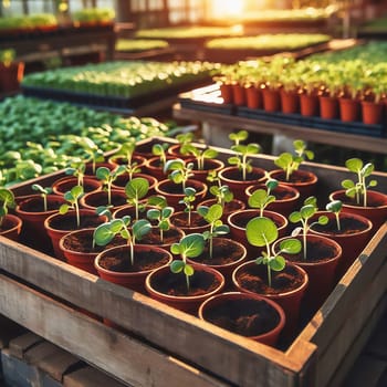 Young seedlings in terracotta pots, carefully arranged in a box. Fresh greenery under warm light - ideal for garden lovers and nature enthusiasts.