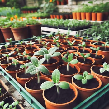 Young seedlings in terracotta pots, carefully arranged in a box. Fresh greenery under warm light - ideal for garden lovers and nature enthusiasts.