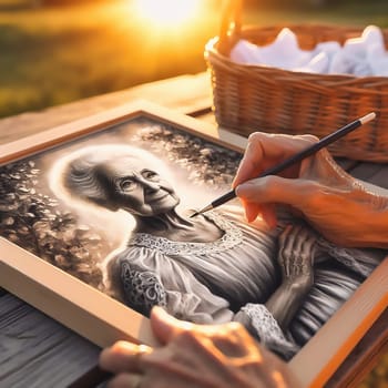 Elderly woman paints a portrait in the sunlight, surrounded by nature. Art, nostalgia and the joy of life, united in a harmonious and warm scene.
