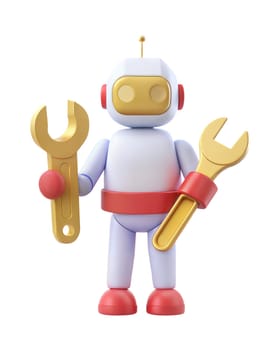 A 3D futuristic robot holding two wrenches, isolated on a white background. Perfect for illustrating mechanical work, repair, or technology.