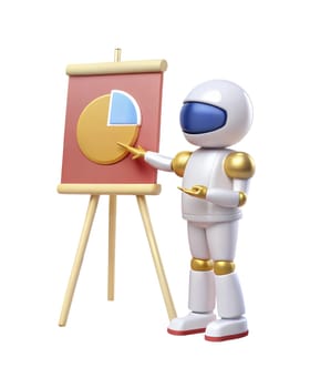 A 3D futuristic robot presenting a pie chart on an easel, isolated on white background. Ideal for business, technology, and data analysis themes.
