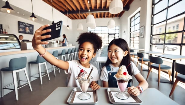A front-facing view of two bi-racial 7-year-old girls sitting at a bright, modern, trendy ice cream shop during the daytime, taking a joyful selfie. The shop features a contemporary design with sleek furniture, large windows letting in plenty of natural light, and minimalist decor. They are enjoying ice cream cones with sprinkles, with their happy expressions highlighted by the blurred background.