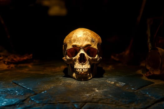 close up view of a human skull placed on a isolated dark background..