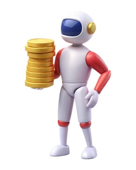 A 3D robot holding a stack of golden coins and a red box, symbolizing finance, investment, and savings. Isolated on white background, perfect for concepts of wealth, money, and finance.