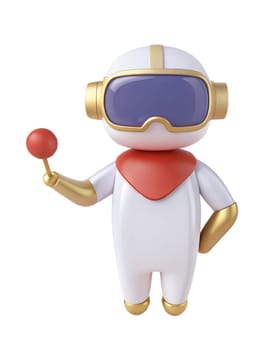 A 3D futuristic robot with VR goggles and golden details, waving, isolated on white background. Perfect for technology, space, and character-themed projects.