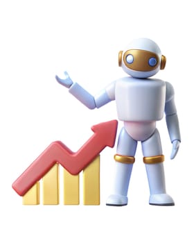 A 3D futuristic robot pointing at a red growth chart, isolated on white background. Perfect for business, technology, and progress-related themes.