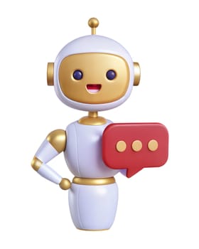 A 3D futuristic robot holding a red chat bubble with three dots, symbolizing communication, isolated on a white background. Perfect for technology, messaging, and robot concepts.
